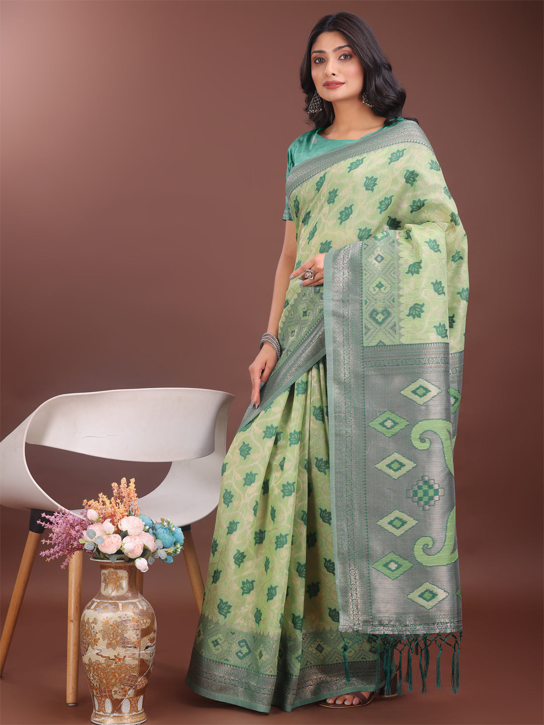 Shree Shyam Fashion Stylish Light Green Linen Cotton Saree with Woven Design - Lightweight Elegance for Everyday Grace