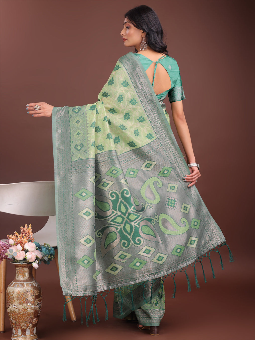 Shree Shyam Fashion Stylish Light Green Linen Cotton Saree with Woven Design - Lightweight Elegance for Everyday Grace