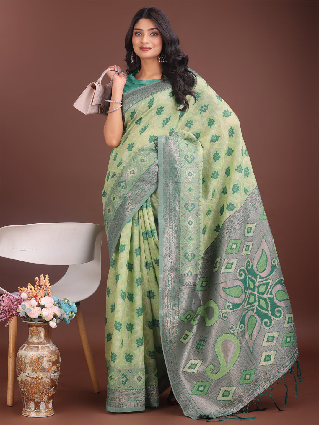 Shree Shyam Fashion Stylish Light Green Linen Cotton Saree with Woven Design - Lightweight Elegance for Everyday Grace