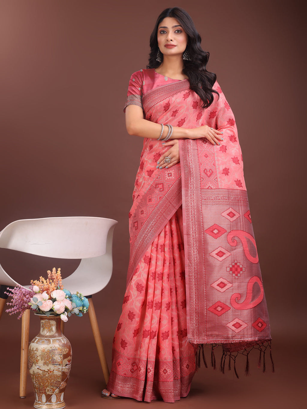 Shree Shyam Fashion Stylish Peach Linen Cotton Saree with Woven Design - Lightweight Elegance for Everyday Grace