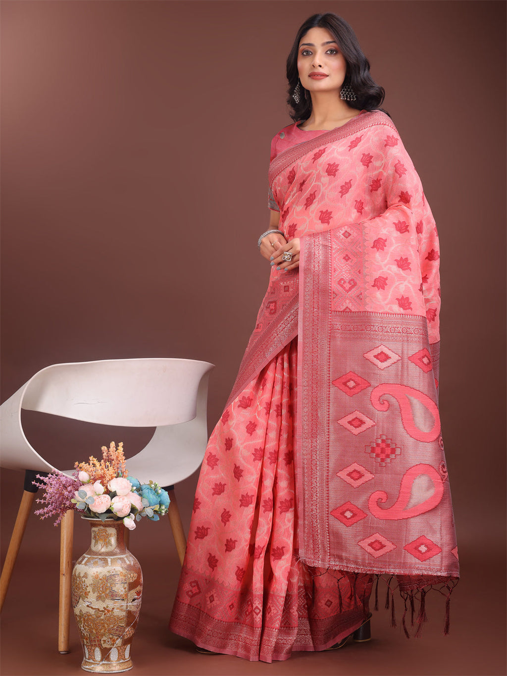 Shree Shyam Fashion Stylish Peach Linen Cotton Saree with Woven Design - Lightweight Elegance for Everyday Grace