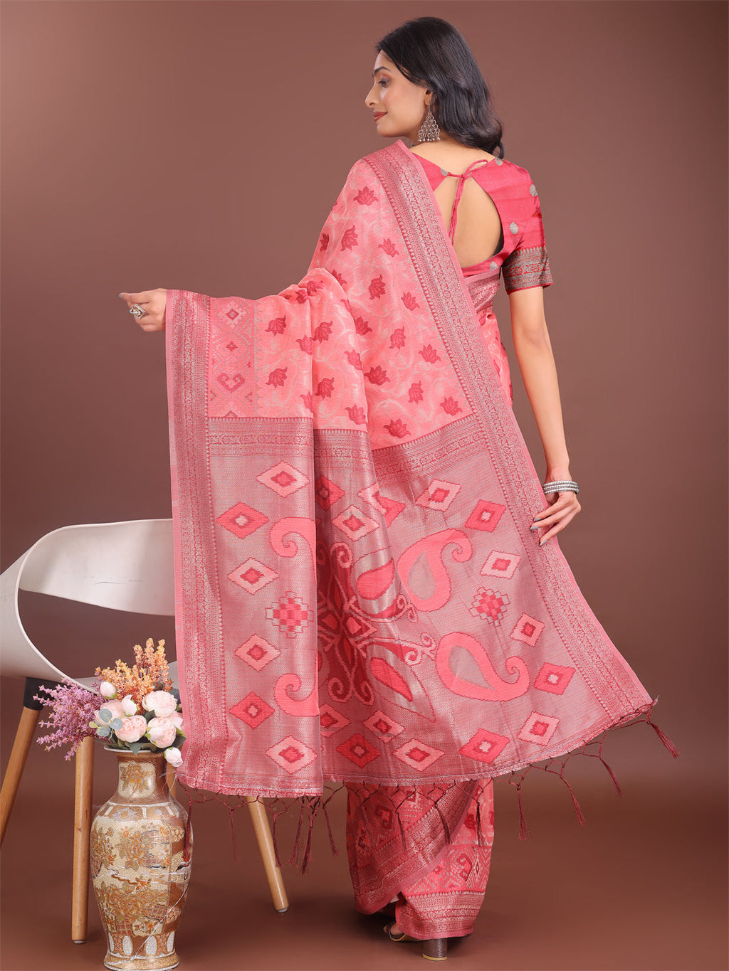 Shree Shyam Fashion Stylish Peach Linen Cotton Saree with Woven Design - Lightweight Elegance for Everyday Grace