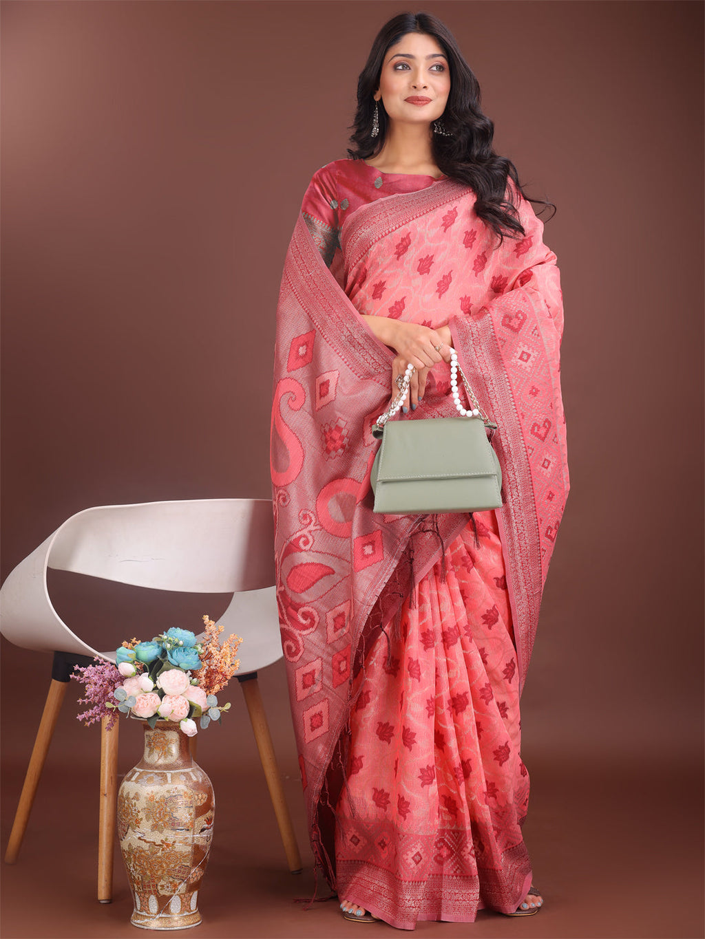 Shree Shyam Fashion Stylish Peach Linen Cotton Saree with Woven Design - Lightweight Elegance for Everyday Grace