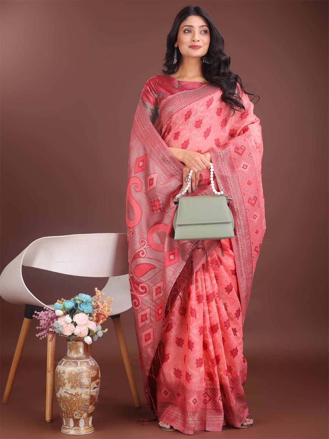 Shree Shyam Fashion Stylish Peach Linen Cotton Saree with Woven Design - Lightweight Elegance for Everyday Grace