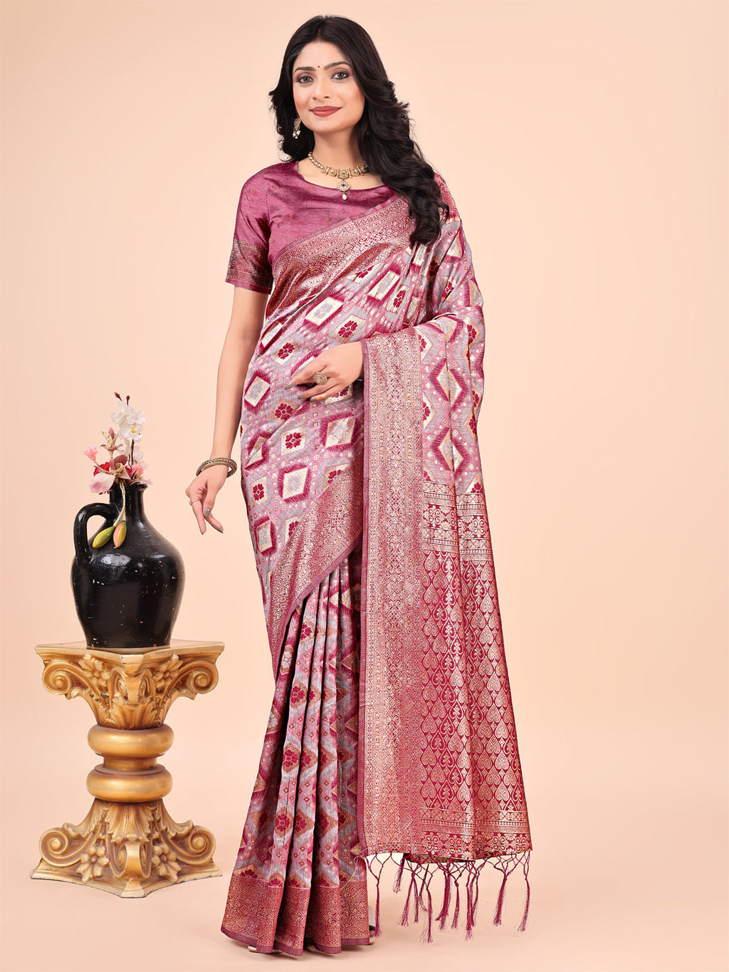 Shree Shyam Fashion Graceful Pink Lichi Silk Saree with Contrast Blue Woven Border & Floral Zari Design - Wedding & Festive Wear