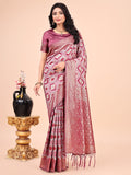 Shree Shyam Fashion Graceful Pink Lichi Silk Saree with Contrast Blue Woven Border & Floral Zari Design - Wedding & Festive Wear