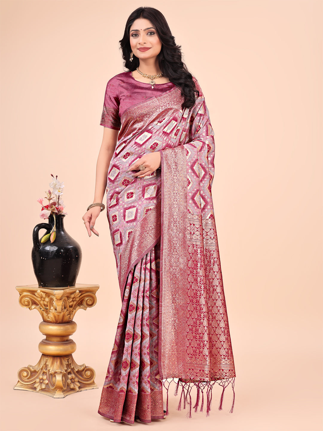 Shree Shyam Fashion Graceful Pink Lichi Silk Saree with Contrast Blue Woven Border & Floral Zari Design - Wedding & Festive Wear