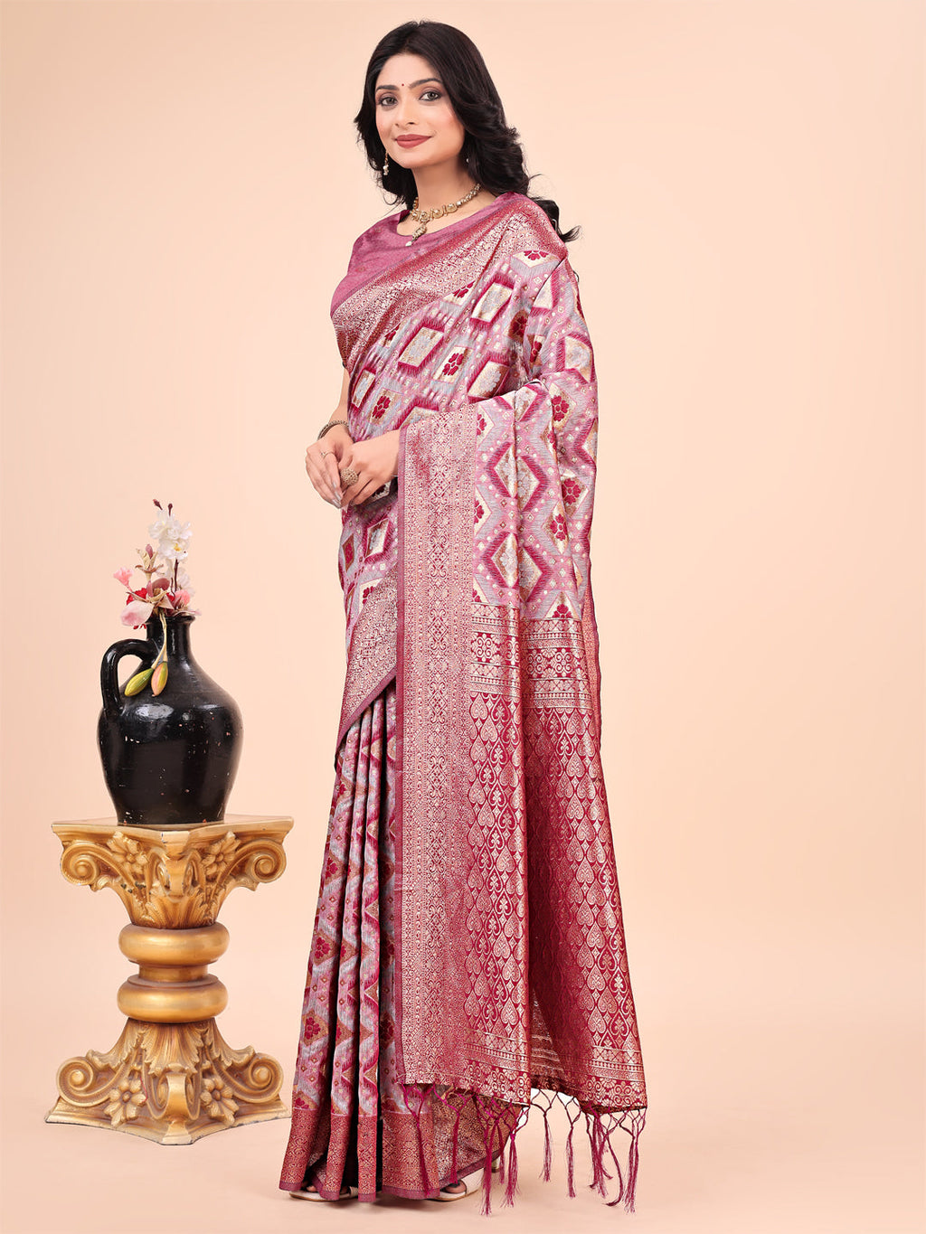 Shree Shyam Fashion Graceful Pink Lichi Silk Saree with Contrast Blue Woven Border & Floral Zari Design - Wedding & Festive Wear