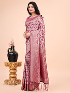 Shree Shyam Fashion Graceful Pink Lichi Silk Saree with Contrast Blue Woven Border & Floral Zari Design - Wedding & Festive Wear