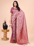 Shree Shyam Fashion Graceful Pink Lichi Silk Saree with Contrast Blue Woven Border & Floral Zari Design - Wedding & Festive Wear