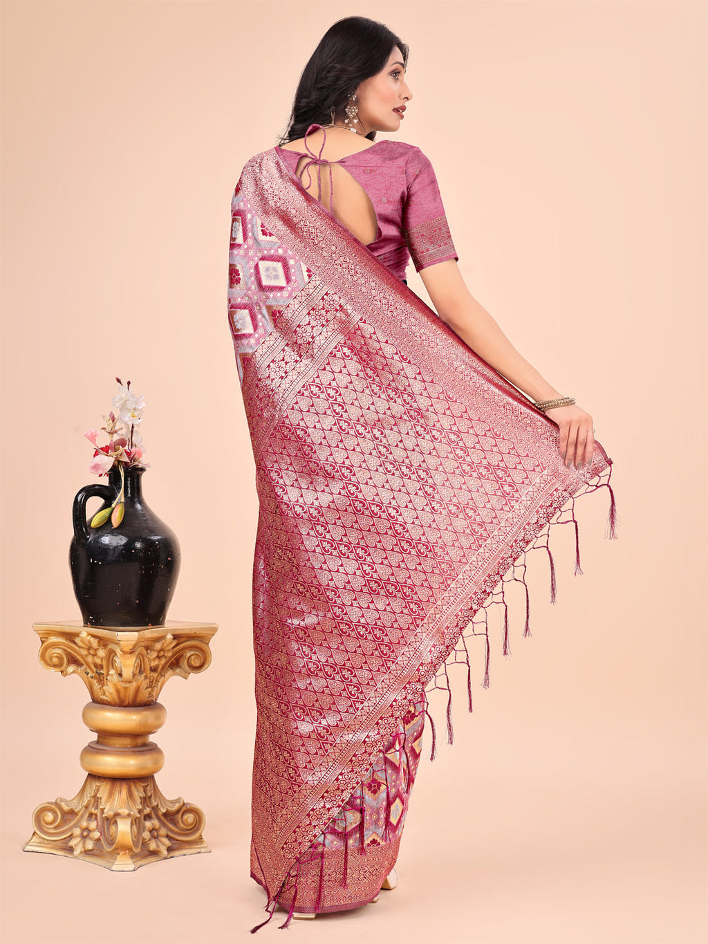 Shree Shyam Fashion Graceful Pink Lichi Silk Saree with Contrast Blue Woven Border & Floral Zari Design - Wedding & Festive Wear
