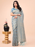 Shree Shyam Fashion Graceful Sky Blue Lichi Silk Saree with Contrast Blue Woven Border & Floral Zari Design - Wedding & Festive Wear
