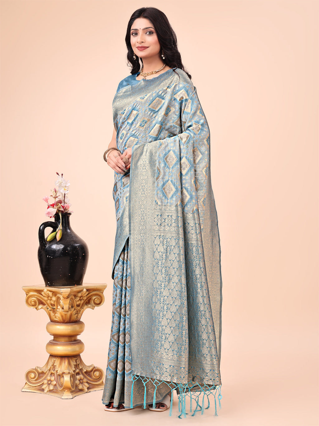 Shree Shyam Fashion Graceful Sky Blue Lichi Silk Saree with Contrast Blue Woven Border & Floral Zari Design - Wedding & Festive Wear