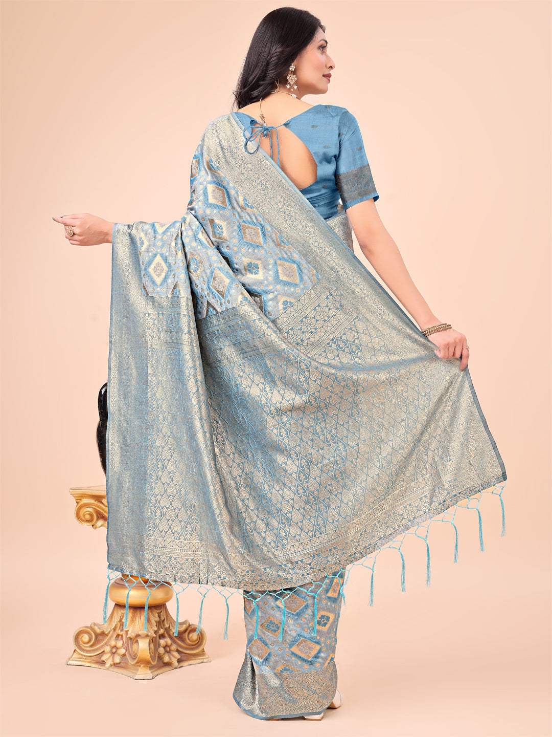 Shree Shyam Fashion Graceful Sky Blue Lichi Silk Saree with Contrast Blue Woven Border & Floral Zari Design - Wedding & Festive Wear