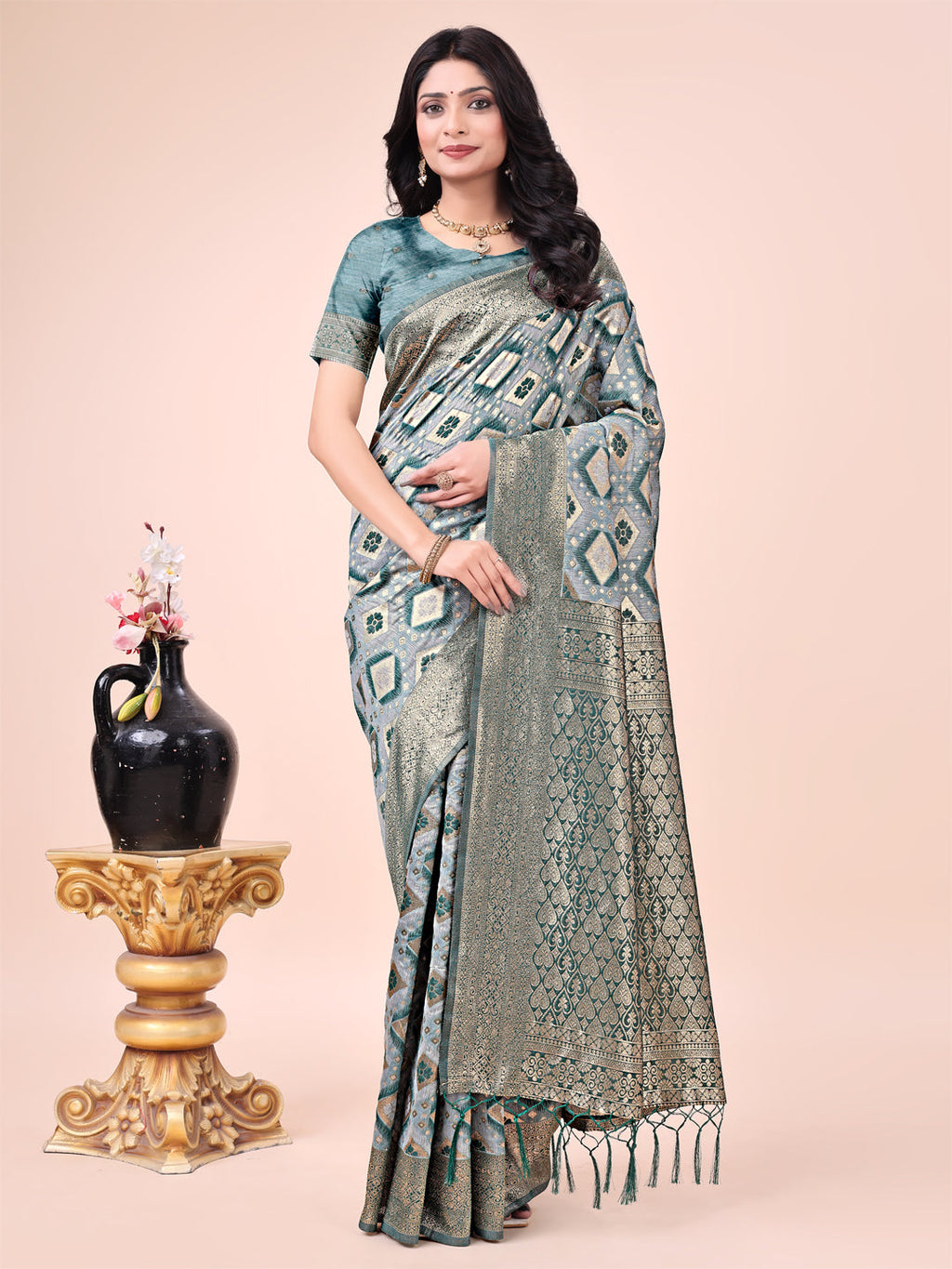 Shree Shyam Fashion Graceful Green Lichi Silk Saree with Contrast Blue Woven Border & Floral Zari Design - Wedding & Festive Wear