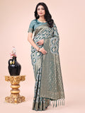 Shree Shyam Fashion Graceful Green Lichi Silk Saree with Contrast Blue Woven Border & Floral Zari Design - Wedding & Festive Wear