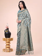 Shree Shyam Fashion Graceful Green Lichi Silk Saree with Contrast Blue Woven Border & Floral Zari Design - Wedding & Festive Wear