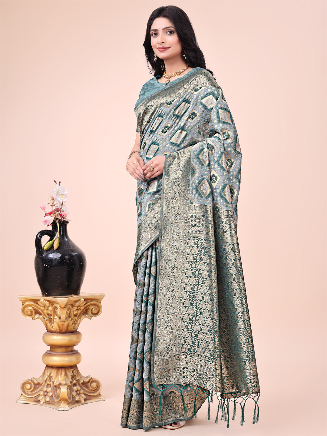 Shree Shyam Fashion Graceful Green Lichi Silk Saree with Contrast Blue Woven Border & Floral Zari Design - Wedding & Festive Wear