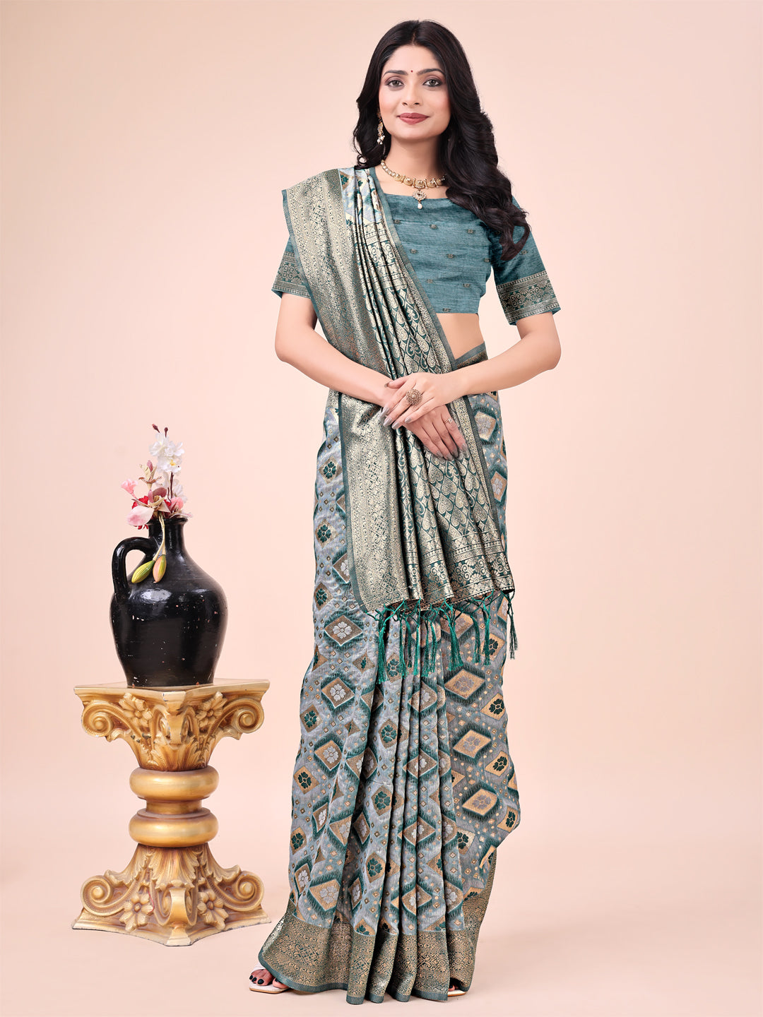 Shree Shyam Fashion Graceful Green Lichi Silk Saree with Contrast Blue Woven Border & Floral Zari Design - Wedding & Festive Wear