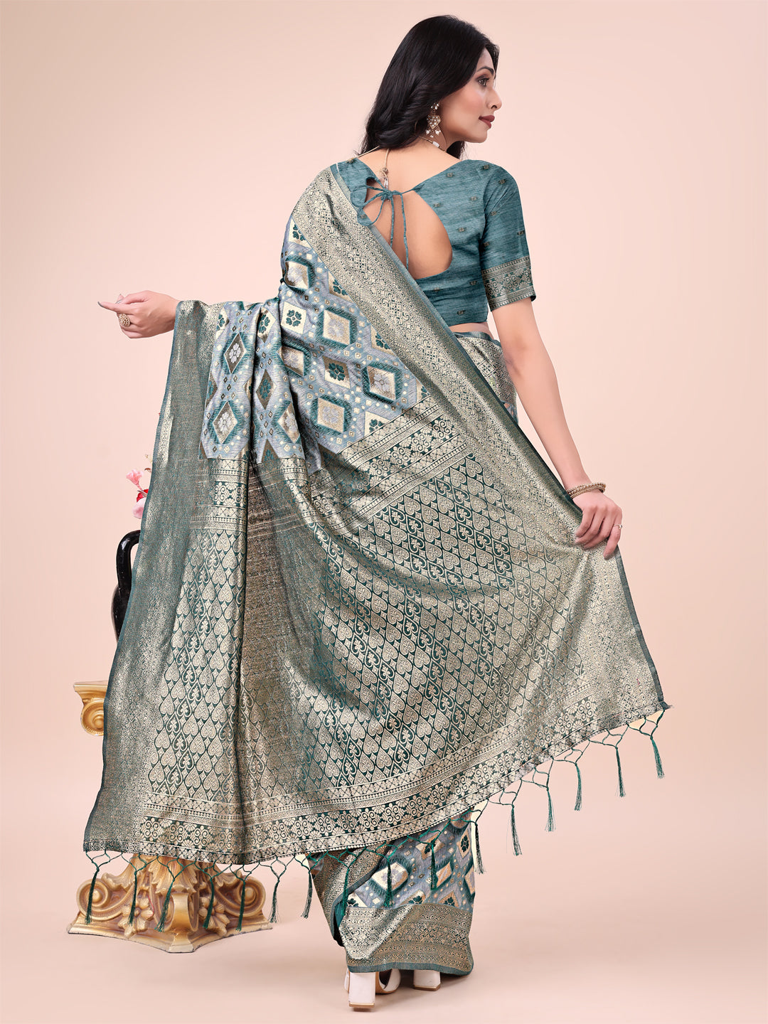 Shree Shyam Fashion Graceful Green Lichi Silk Saree with Contrast Blue Woven Border & Floral Zari Design - Wedding & Festive Wear