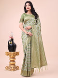 Shree Shyam Fashion Graceful Mehndi Green Lichi Silk Saree with Contrast Blue Woven Border & Floral Zari Design - Wedding & Festive Wear