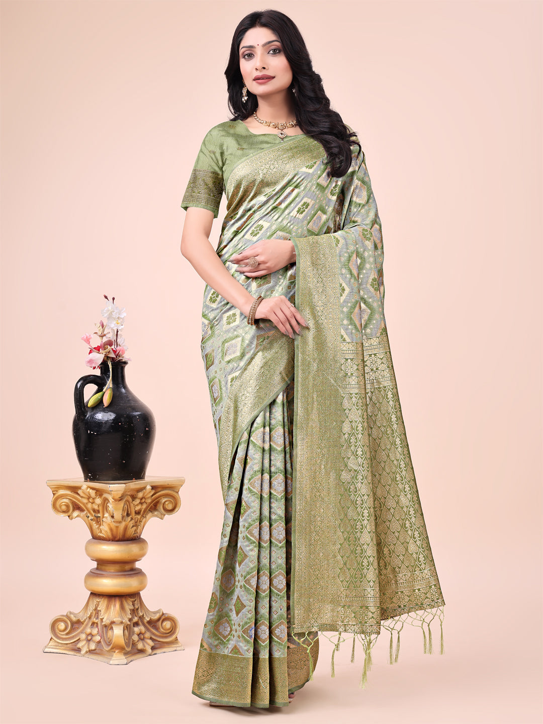 Shree Shyam Fashion Graceful Mehndi Green Lichi Silk Saree with Contrast Blue Woven Border & Floral Zari Design - Wedding & Festive Wear