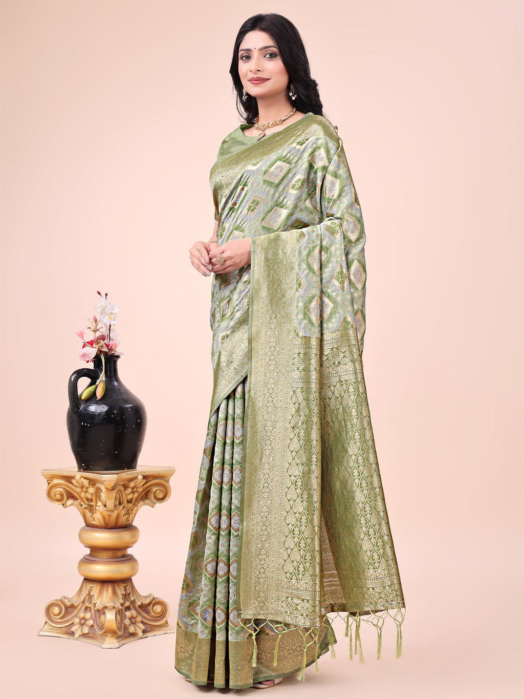 Shree Shyam Fashion Graceful Mehndi Green Lichi Silk Saree with Contrast Blue Woven Border & Floral Zari Design - Wedding & Festive Wear