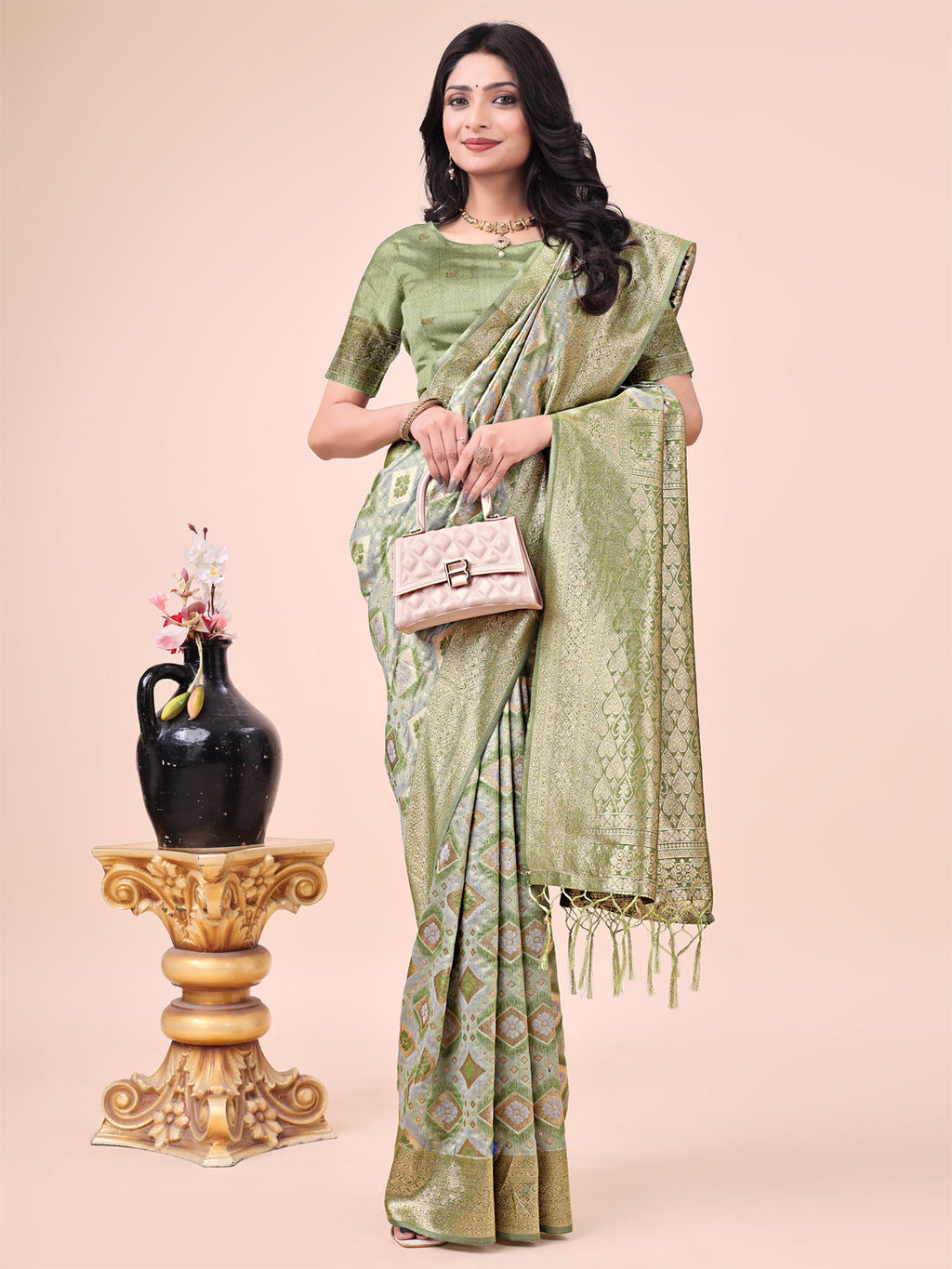 Shree Shyam Fashion Graceful Mehndi Green Lichi Silk Saree with Contrast Blue Woven Border & Floral Zari Design - Wedding & Festive Wear