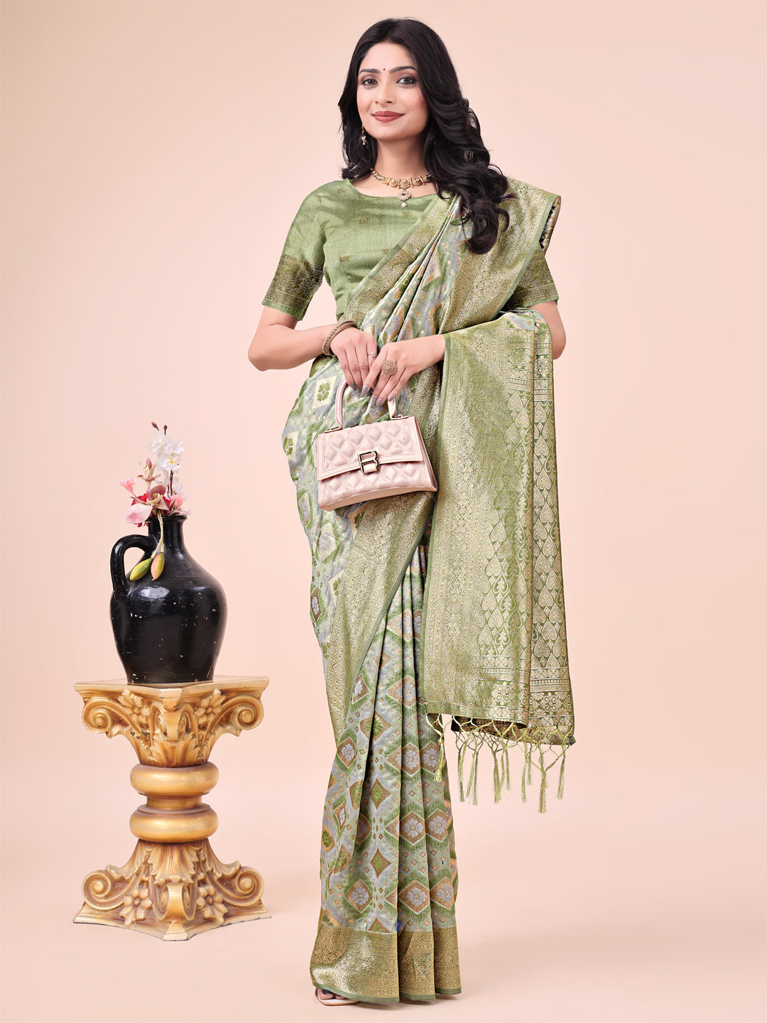 Shree Shyam Fashion Graceful Mehndi Green Lichi Silk Saree with Contrast Blue Woven Border & Floral Zari Design - Wedding & Festive Wear