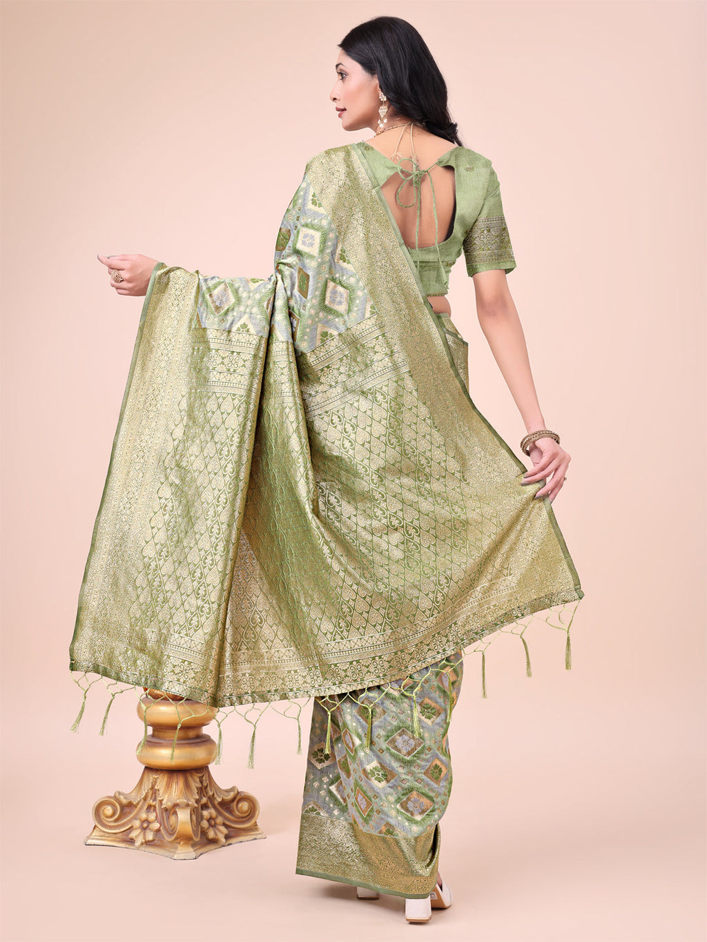 Shree Shyam Fashion Graceful Mehndi Green Lichi Silk Saree with Contrast Blue Woven Border & Floral Zari Design - Wedding & Festive Wear