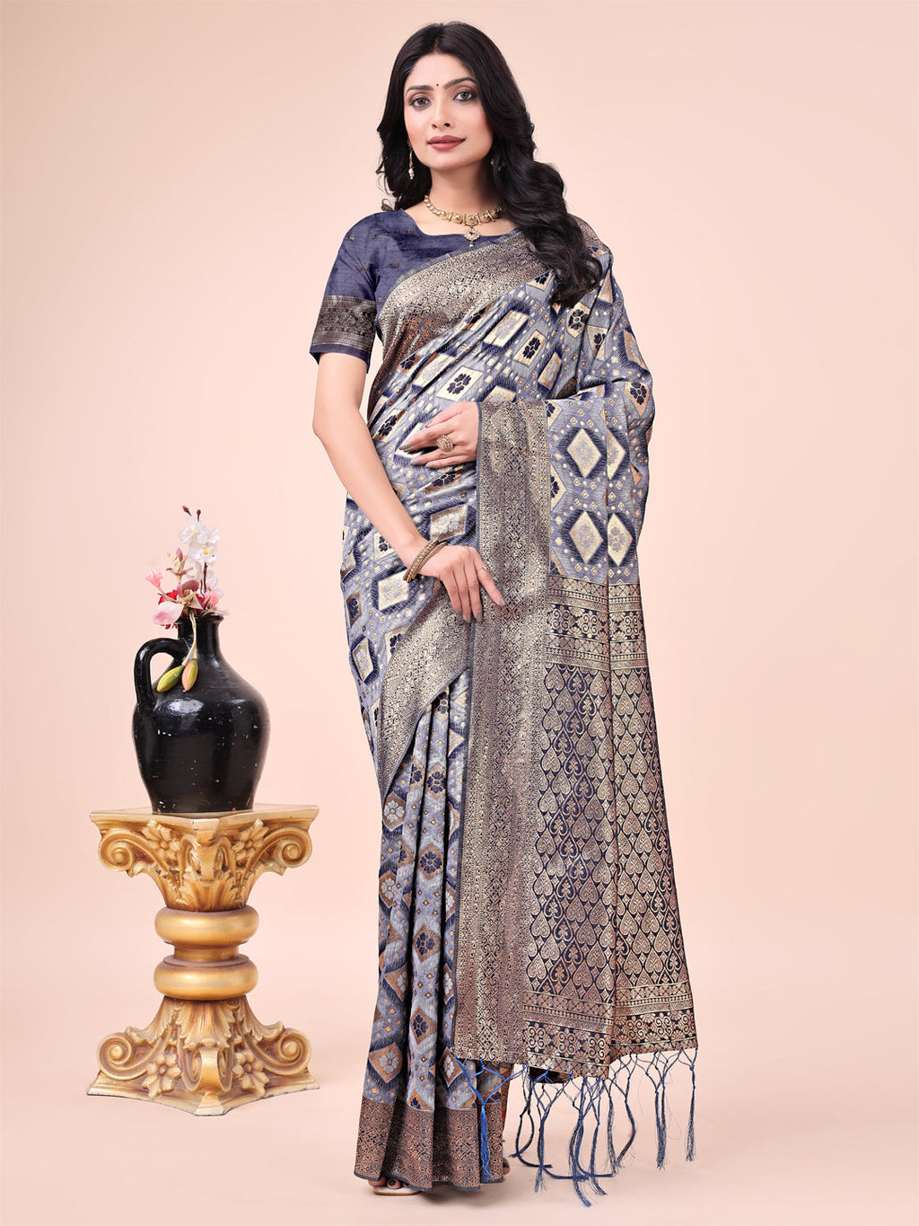 Shree Shyam Fashion Graceful Navy Blue Lichi Silk Saree with Contrast Blue Woven Border & Floral Zari Design - Wedding & Festive Wear