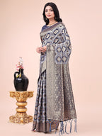 Shree Shyam Fashion Graceful Navy Blue Lichi Silk Saree with Contrast Blue Woven Border & Floral Zari Design - Wedding & Festive Wear
