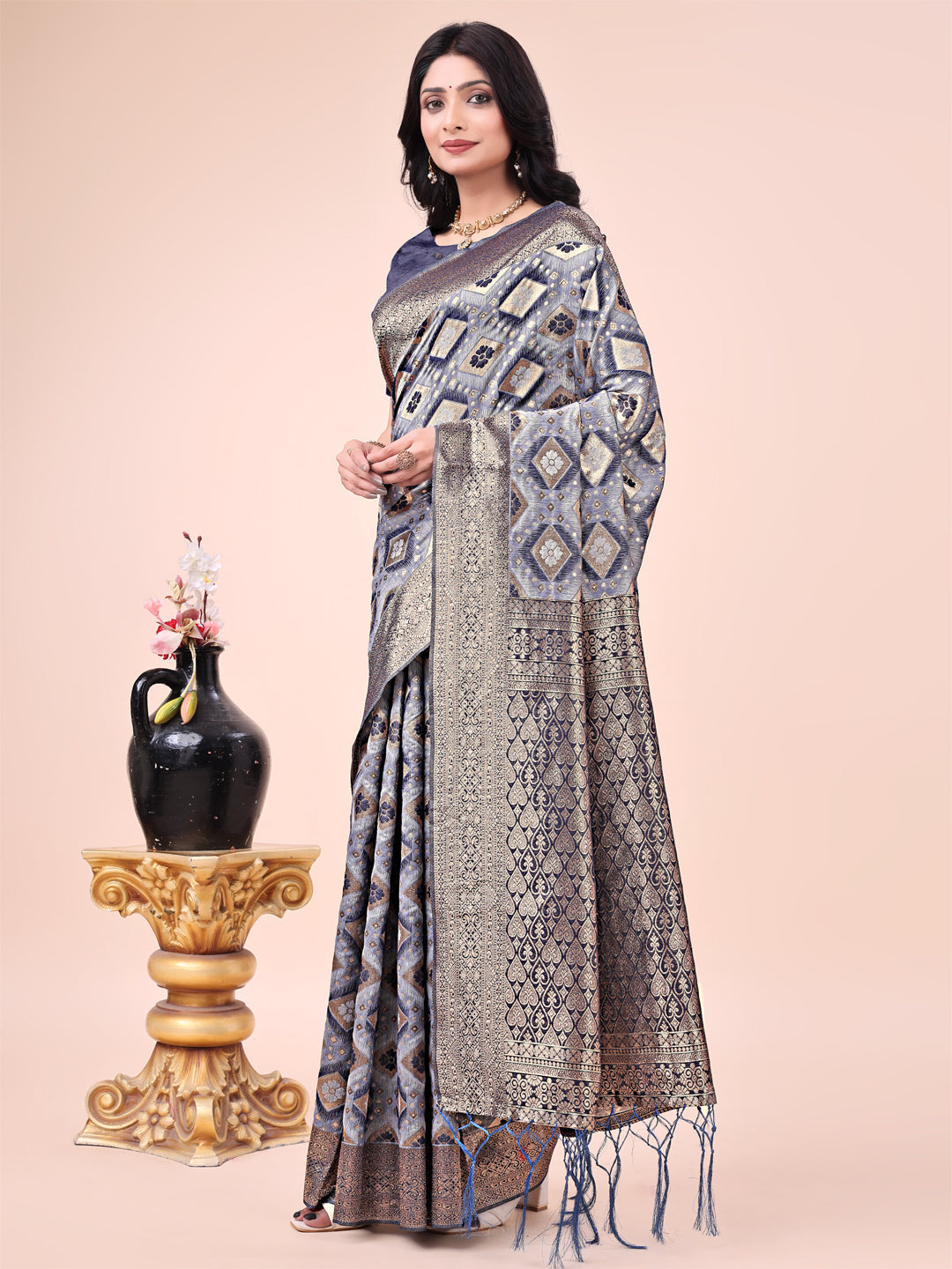 Shree Shyam Fashion Graceful Navy Blue Lichi Silk Saree with Contrast Blue Woven Border & Floral Zari Design - Wedding & Festive Wear