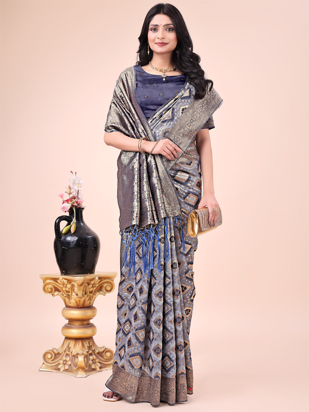 Shree Shyam Fashion Graceful Navy Blue Lichi Silk Saree with Contrast Blue Woven Border & Floral Zari Design - Wedding & Festive Wear