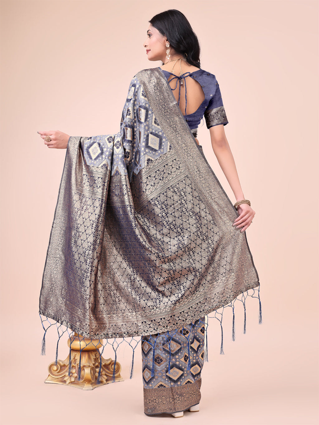 Shree Shyam Fashion Graceful Navy Blue Lichi Silk Saree with Contrast Blue Woven Border & Floral Zari Design - Wedding & Festive Wear