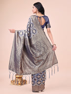 Shree Shyam Fashion Graceful Navy Blue Lichi Silk Saree with Contrast Blue Woven Border & Floral Zari Design - Wedding & Festive Wear