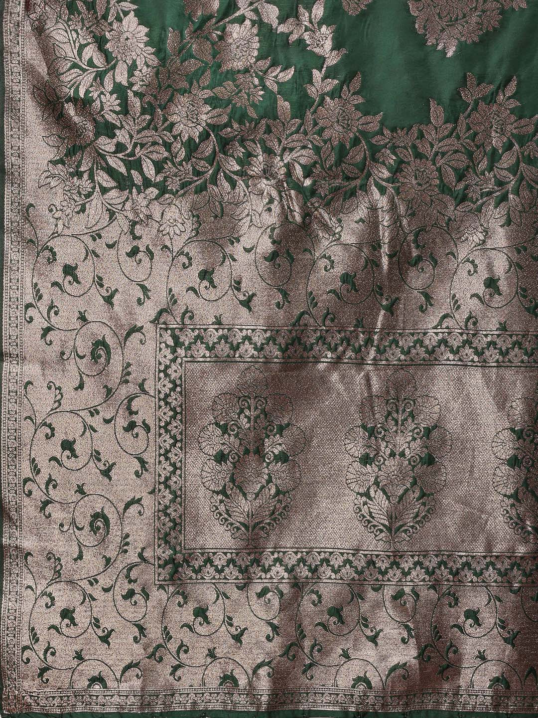 Shree Shyam Fashion Emerald Green Banarasi Silk Saree with Zari Floral Work - Elegance Woven in Every Thread - Distacart