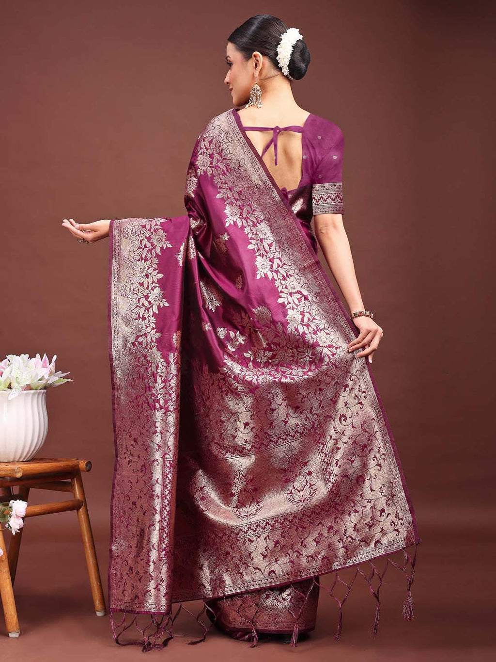 Shree Shyam Fashion Emerald Purple Banarasi Silk Saree with Zari Floral Work - Elegance Woven in Every Thread - Distacart