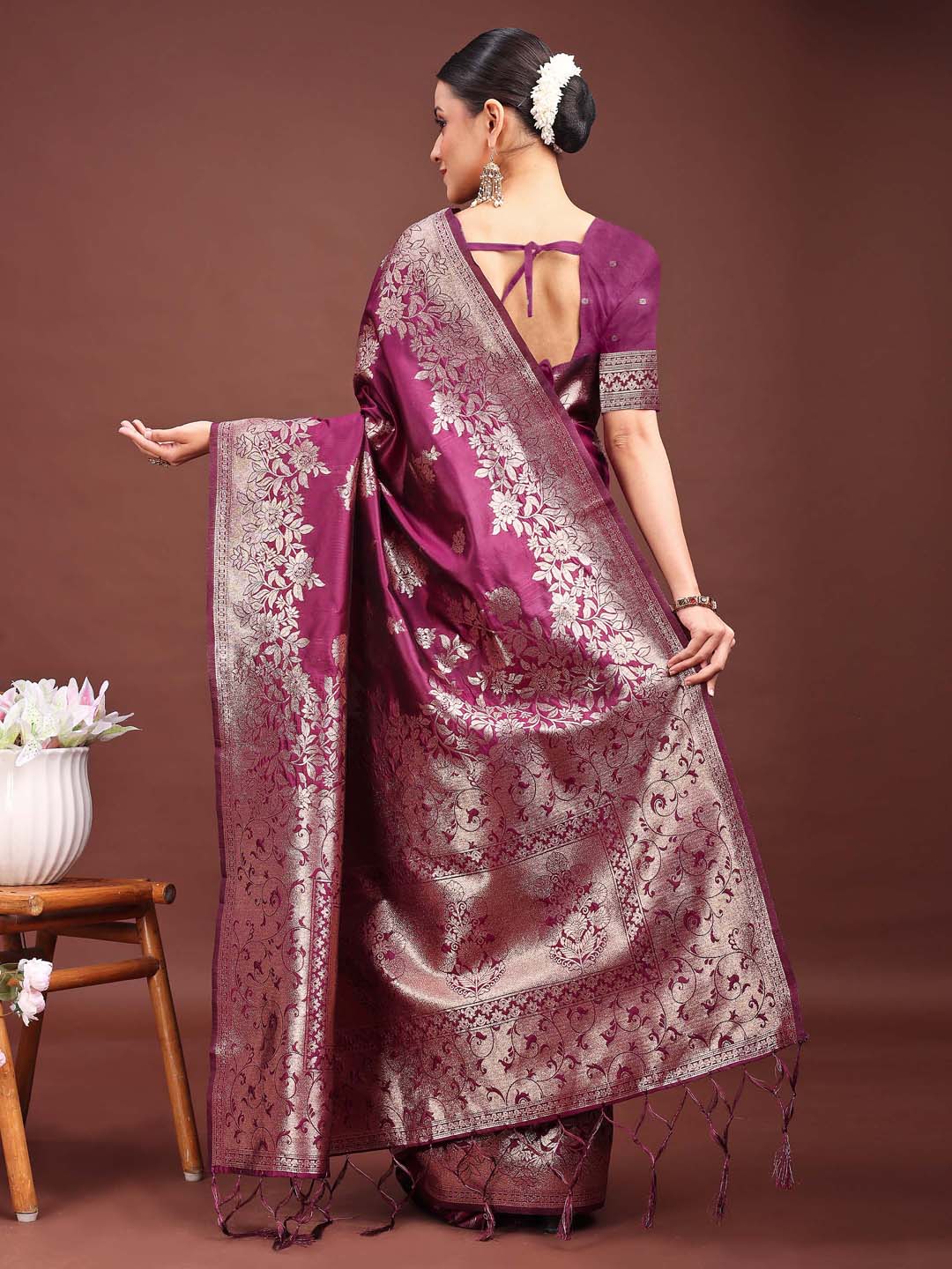Shree Shyam Fashion Emerald Purple Banarasi Silk Saree with Zari Floral Work - Elegance Woven in Every Thread - Distacart