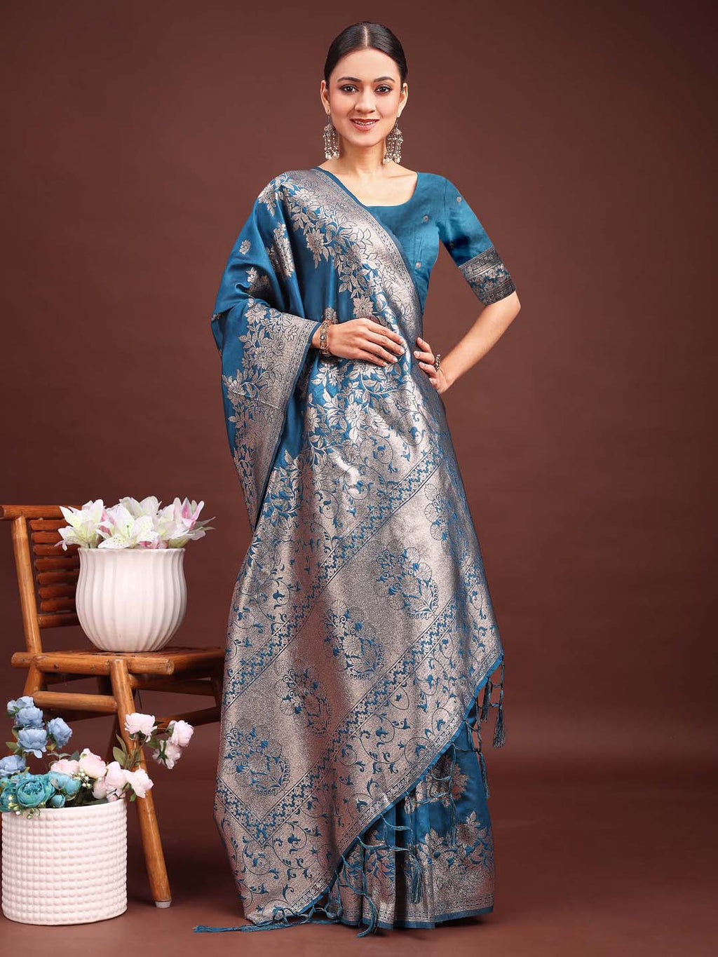 Shree Shyam Fashion Emerald Teal Green Banarasi Silk Saree with Zari Floral Work - Elegance Woven in Every Thread - Distacart