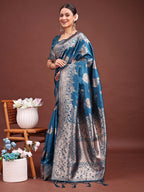 Shree Shyam Fashion Emerald Teal Green Banarasi Silk Saree with Zari Floral Work - Elegance Woven in Every Thread - Distacart
