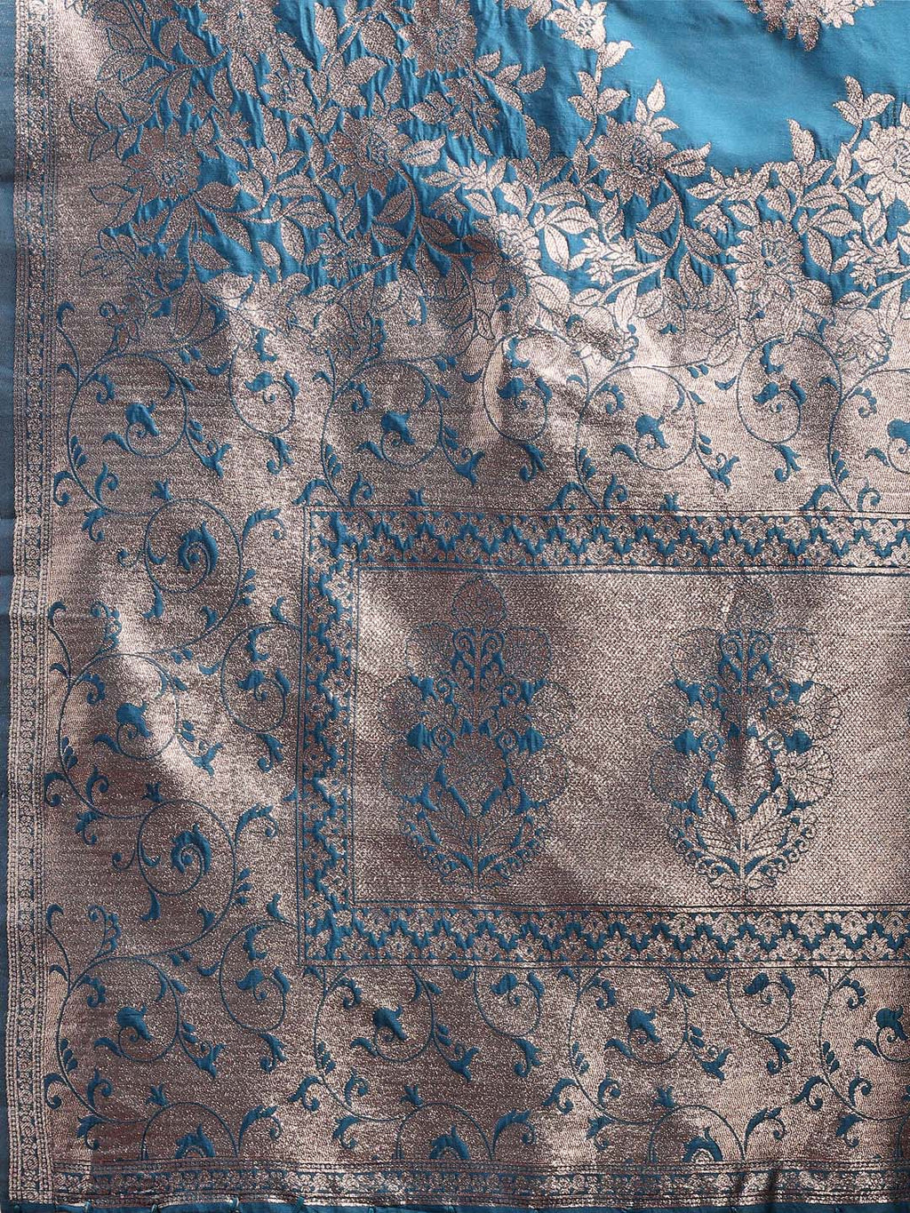Shree Shyam Fashion Emerald Teal Green Banarasi Silk Saree with Zari Floral Work - Elegance Woven in Every Thread - Distacart
