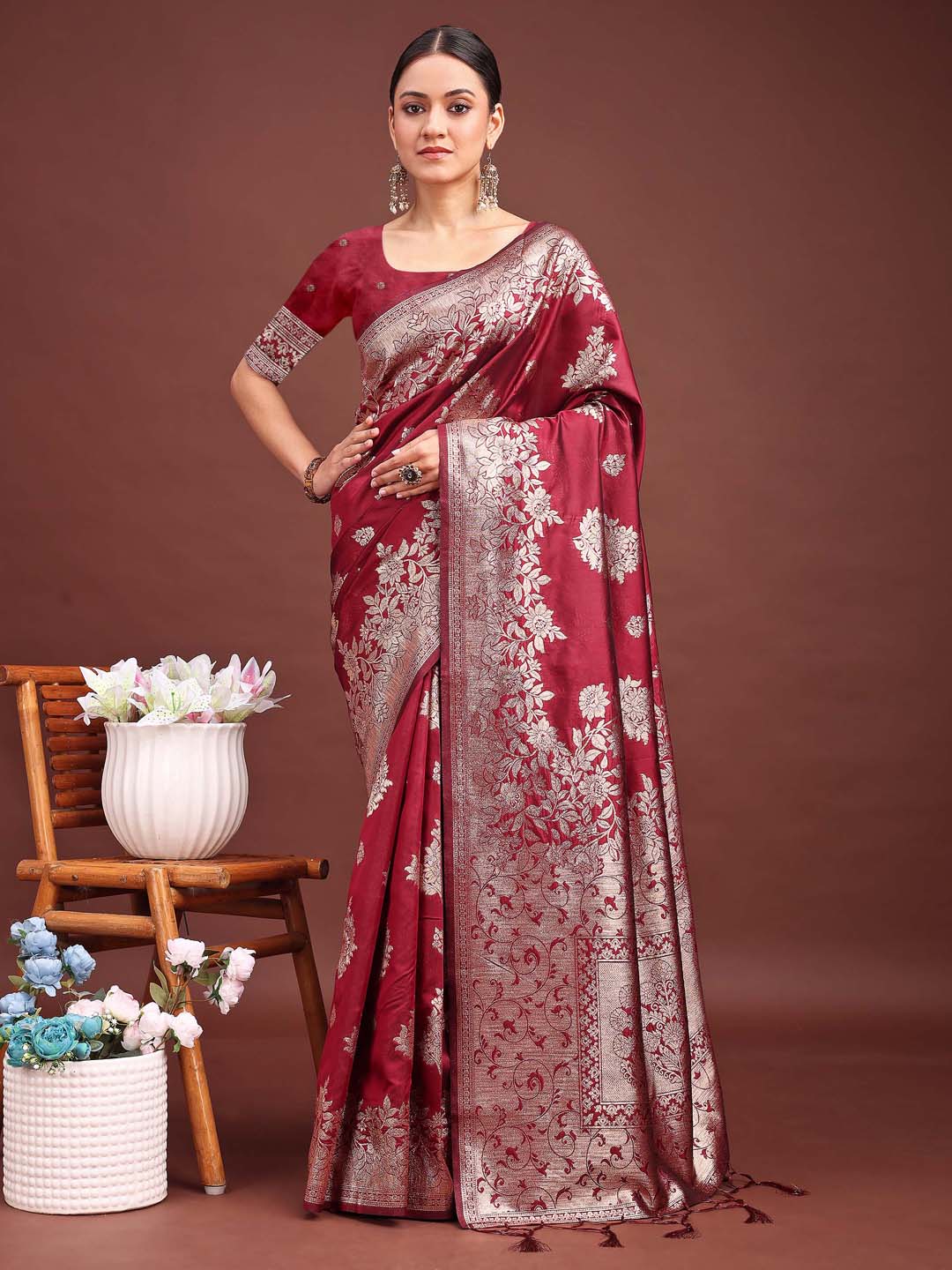 Shree Shyam Fashion Emerald Maroon Banarasi Silk Saree with Zari Floral Work - Elegance Woven in Every Thread - Distacart