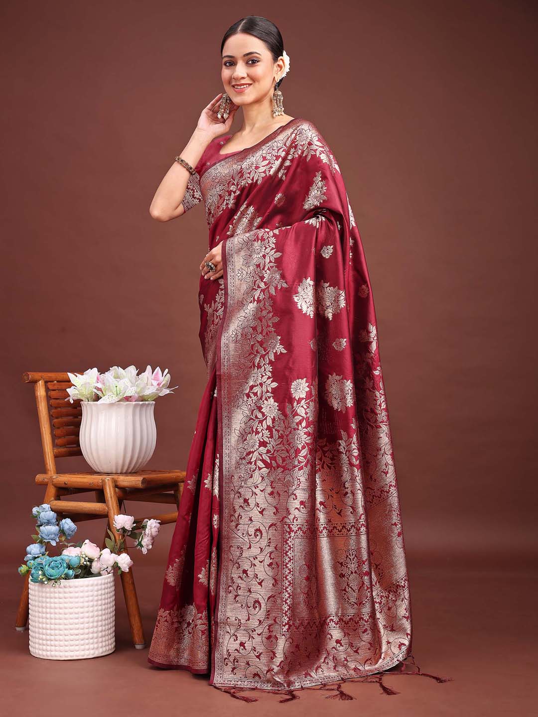 Shree Shyam Fashion Emerald Maroon Banarasi Silk Saree with Zari Floral Work - Elegance Woven in Every Thread - Distacart