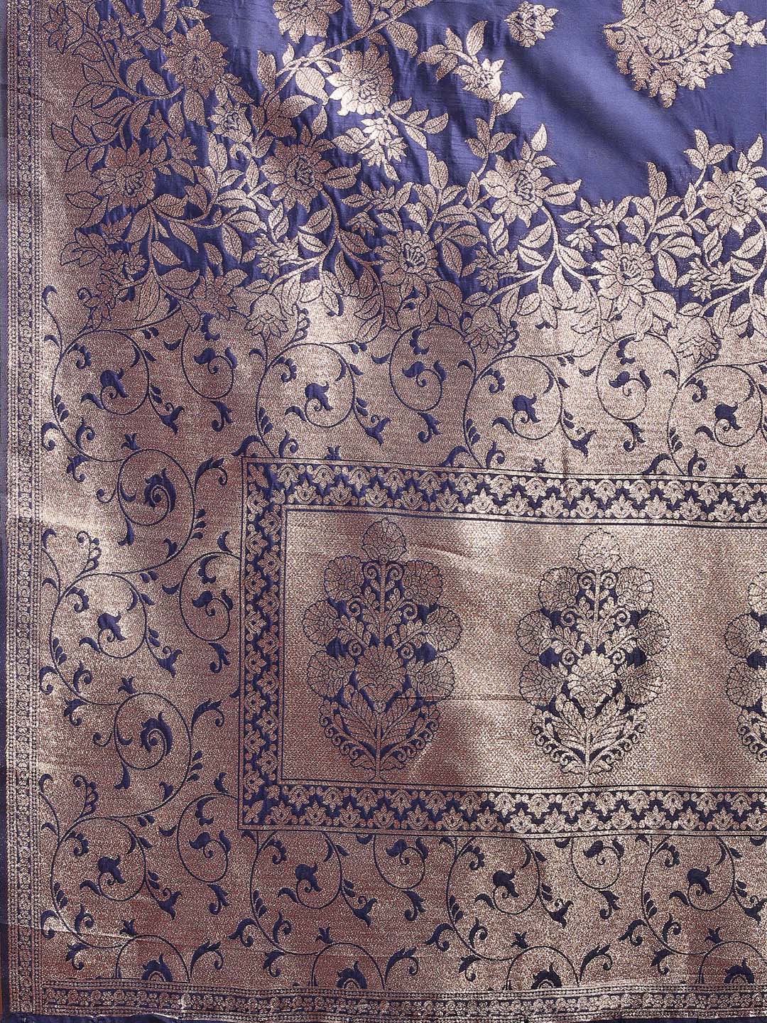 Shree Shyam Fashion Emerald Navy Blue Banarasi Silk Saree with Zari Floral Work - Elegance Woven in Every Thread - Distacart