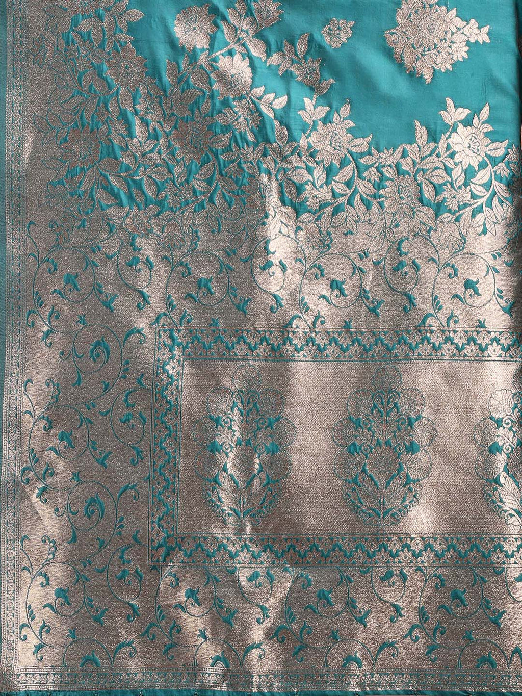 Shree Shyam Fashion Emerald Sea Green Banarasi Silk Saree with Zari Floral Work - Elegance Woven in Every Thread - Distacart
