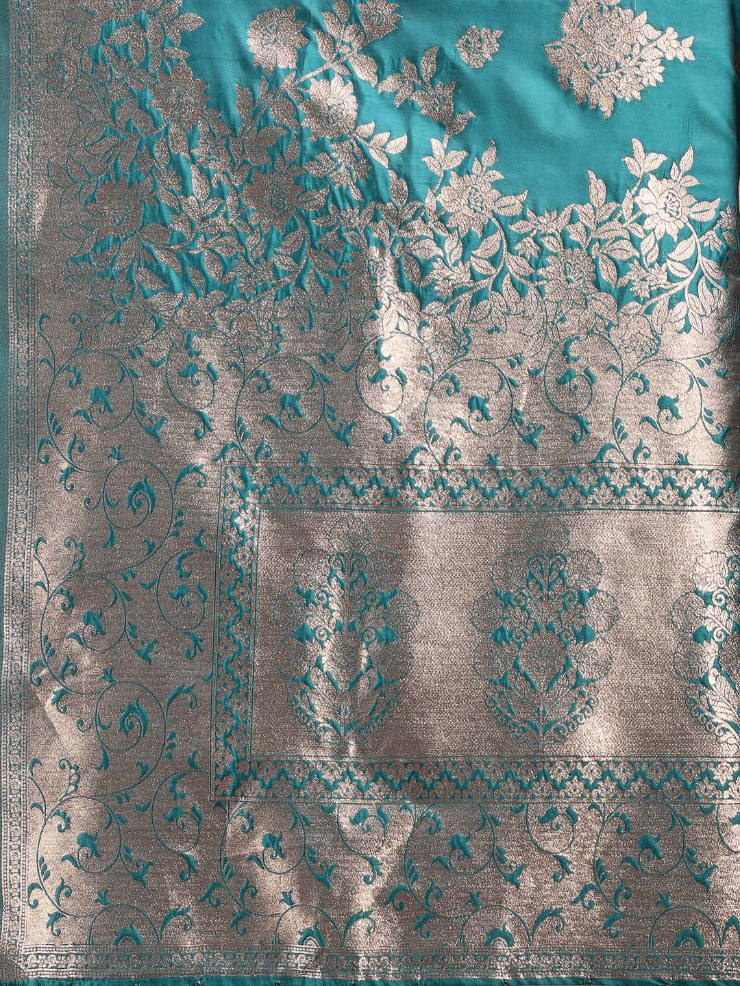 Shree Shyam Fashion Emerald Sea Green Banarasi Silk Saree with Zari Floral Work - Elegance Woven in Every Thread - Distacart