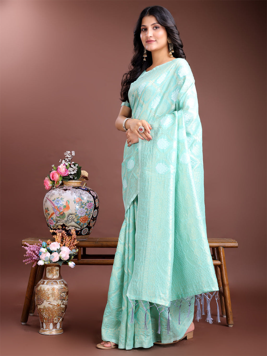 Shree Shyam Fashion Sea Green Cotton Woven Zari Work Traditional Tassel Saree