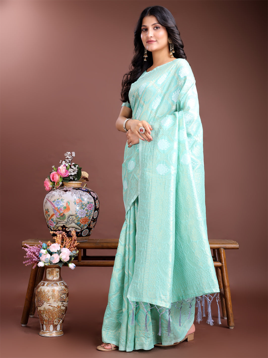 Shree Shyam Fashion Sea Green Cotton Woven Zari Work Traditional Tassel Saree