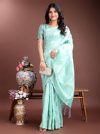 Shree Shyam Fashion Sea Green Cotton Woven Zari Work Traditional Tassel Saree